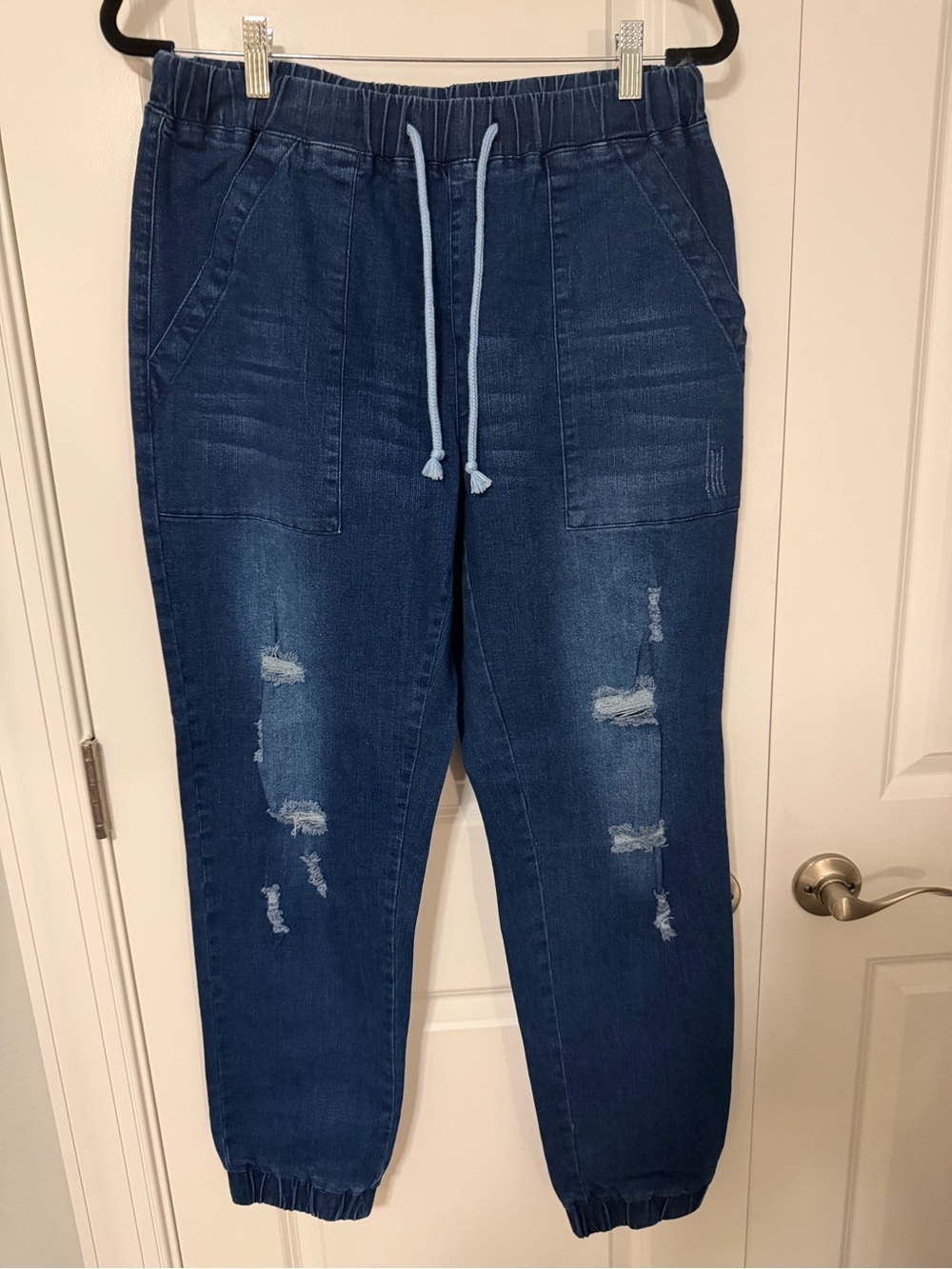 Women’s Dark Blue Cropped Drawstring Denim Jogger Jeans L